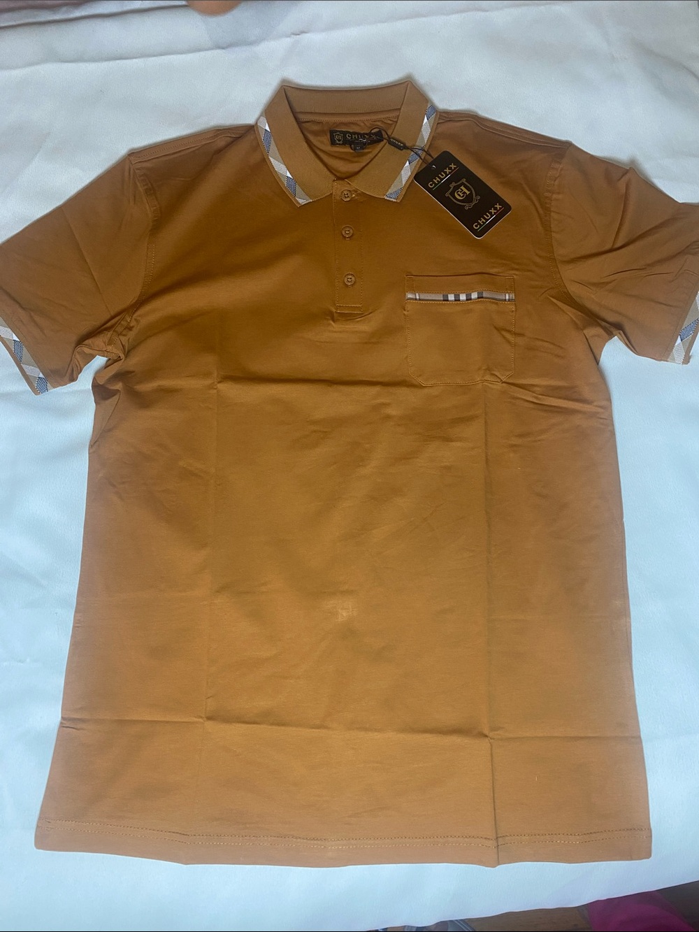 Men's Chest-Pocket Polo in Tan with Contrast Trim